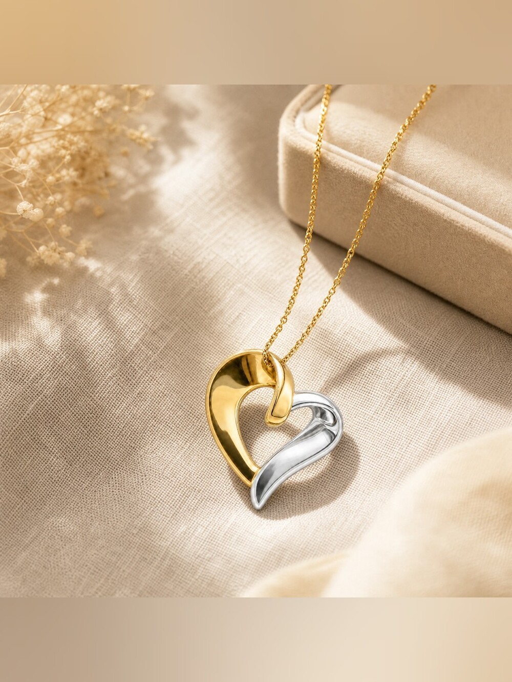 Two-Tone Silver & Gold Open Heart Pendant Necklace Gold Tone Dainty Chain 18"